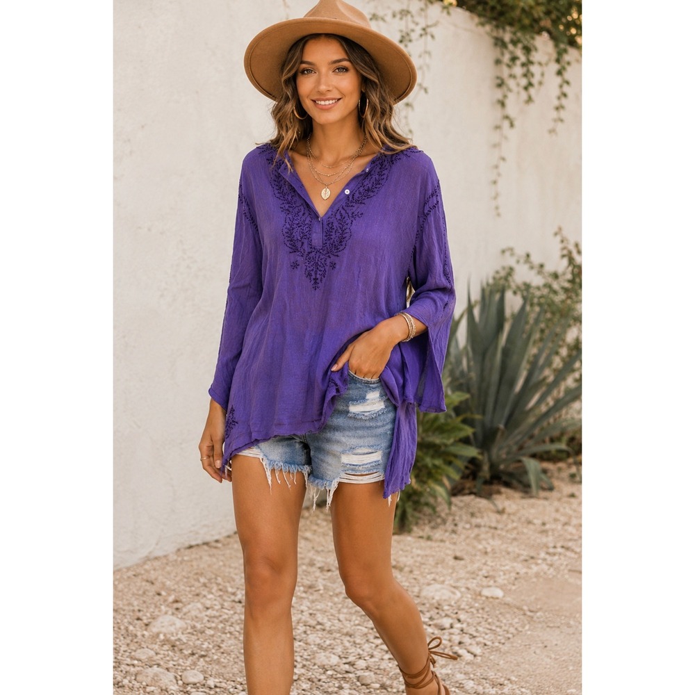 Vintage Purple Cotton Gauze Embroidered Tunic Womens Free Size Boho